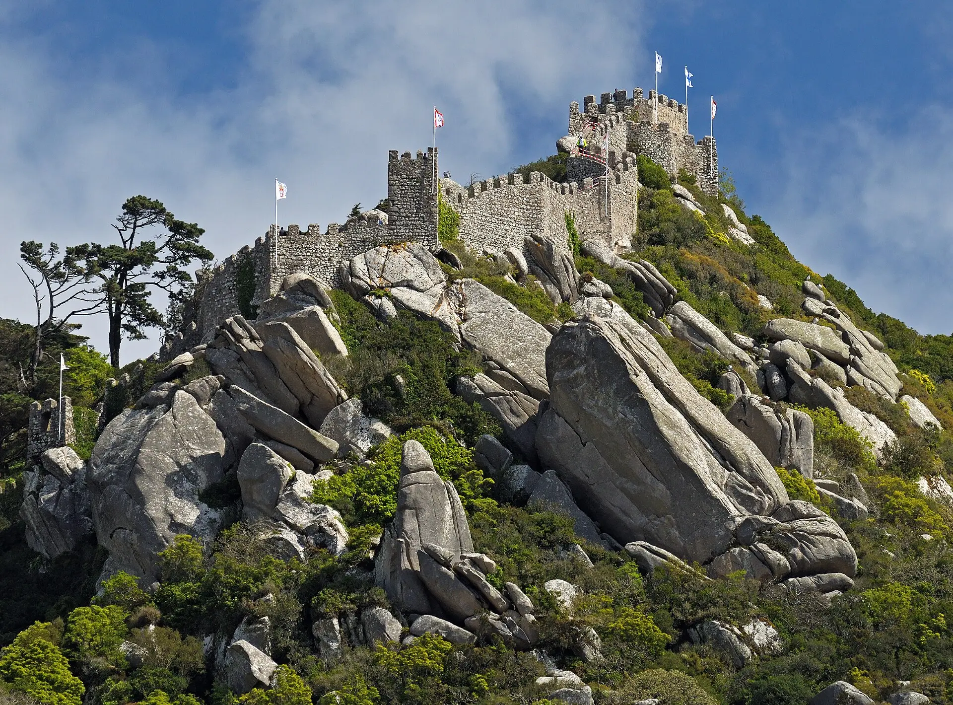 Stone walls of the Moorish Castle running along the ridge